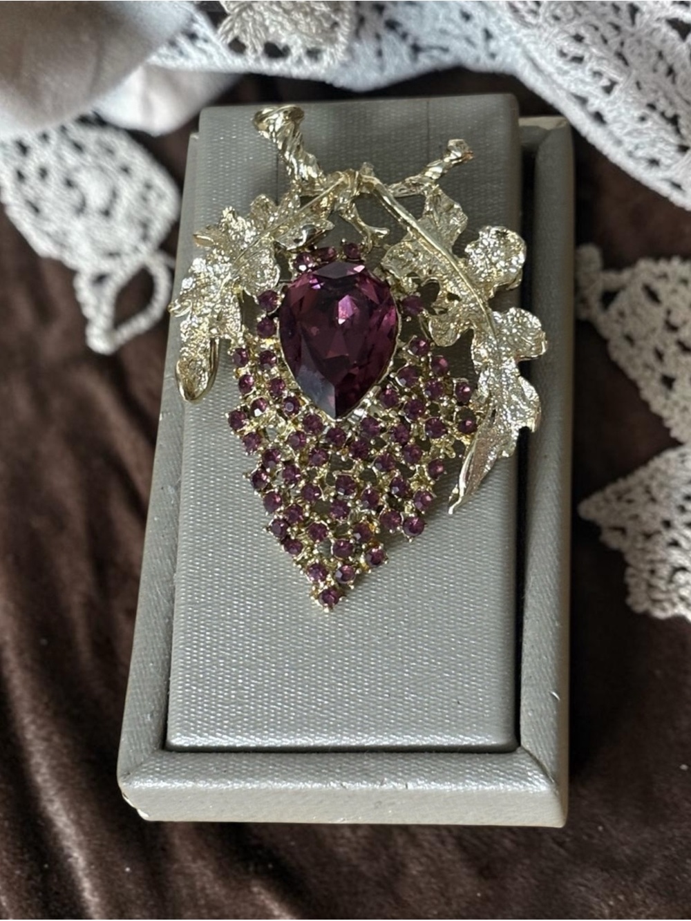 Grape Cluster Amethyst Purple Rhinestone Gold Brooch